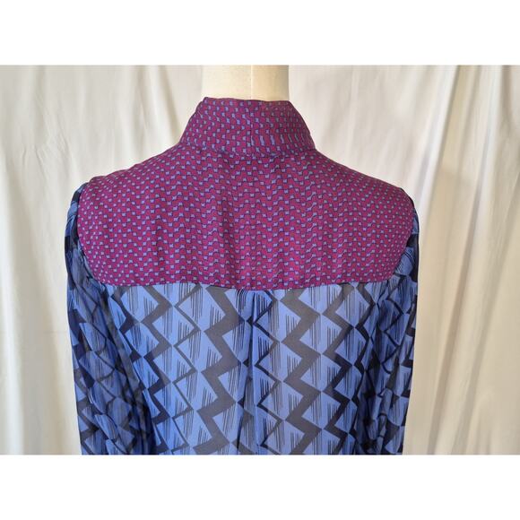 Hale Bob Womens 100% Silk Blue Purple Geometric Sheer Blouse Top Small - Picture 7 of 8